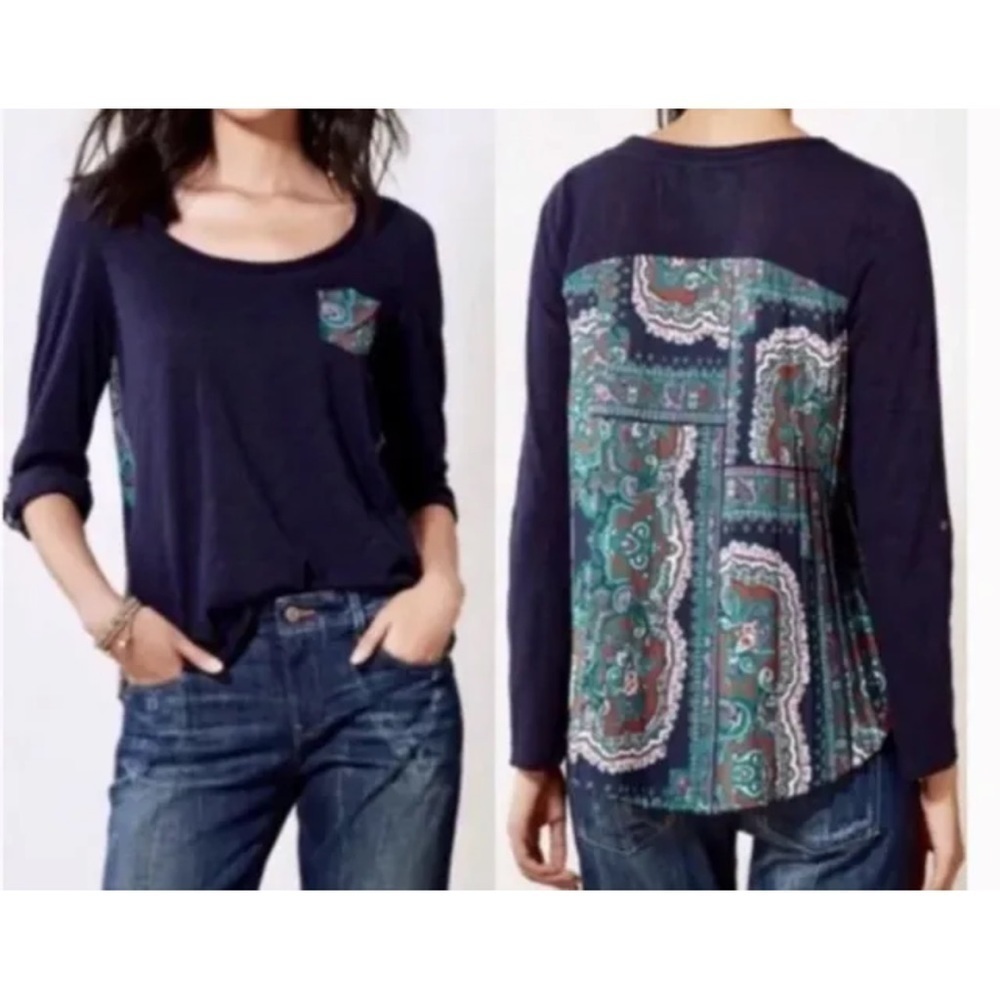 Anthropologie Paper Locket Paisley Pleated Back Top Navy Mixed Media Size Medium